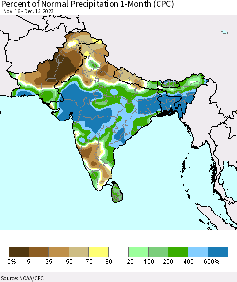 Southern Asia Percent of Normal Precipitation 1-Month (CPC) Thematic Map For 11/16/2023 - 12/15/2023