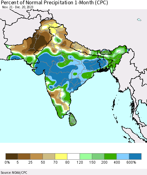 Southern Asia Percent of Normal Precipitation 1-Month (CPC) Thematic Map For 11/21/2023 - 12/20/2023