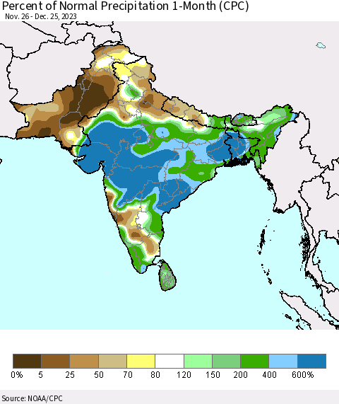 Southern Asia Percent of Normal Precipitation 1-Month (CPC) Thematic Map For 11/26/2023 - 12/25/2023