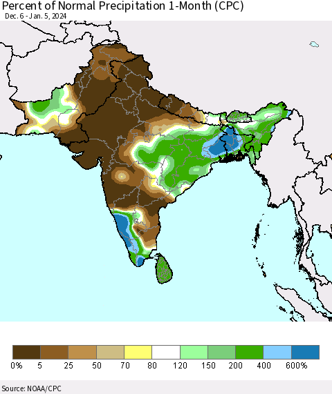 Southern Asia Percent of Normal Precipitation 1-Month (CPC) Thematic Map For 12/6/2023 - 1/5/2024