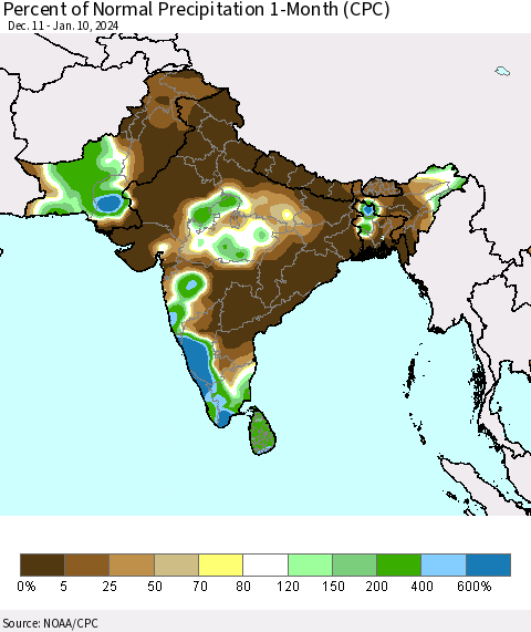 Southern Asia Percent of Normal Precipitation 1-Month (CPC) Thematic Map For 12/11/2023 - 1/10/2024