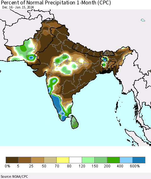Southern Asia Percent of Normal Precipitation 1-Month (CPC) Thematic Map For 12/16/2023 - 1/15/2024