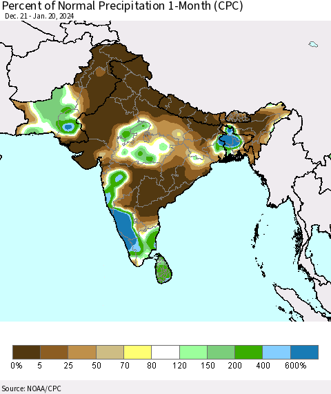 Southern Asia Percent of Normal Precipitation 1-Month (CPC) Thematic Map For 12/21/2023 - 1/20/2024