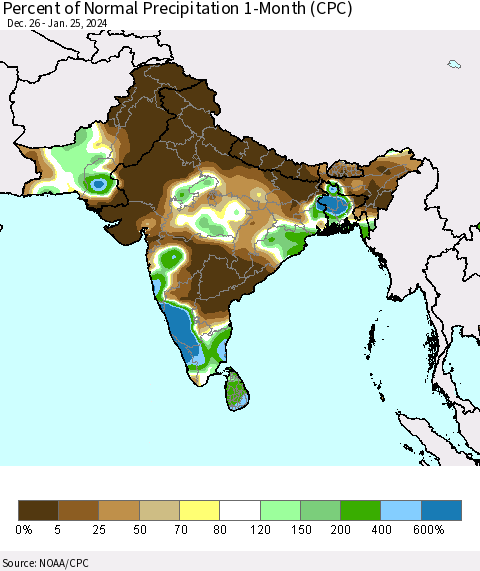 Southern Asia Percent of Normal Precipitation 1-Month (CPC) Thematic Map For 12/26/2023 - 1/25/2024