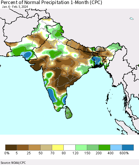 Southern Asia Percent of Normal Precipitation 1-Month (CPC) Thematic Map For 1/6/2024 - 2/5/2024