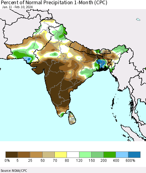 Southern Asia Percent of Normal Precipitation 1-Month (CPC) Thematic Map For 1/11/2024 - 2/10/2024