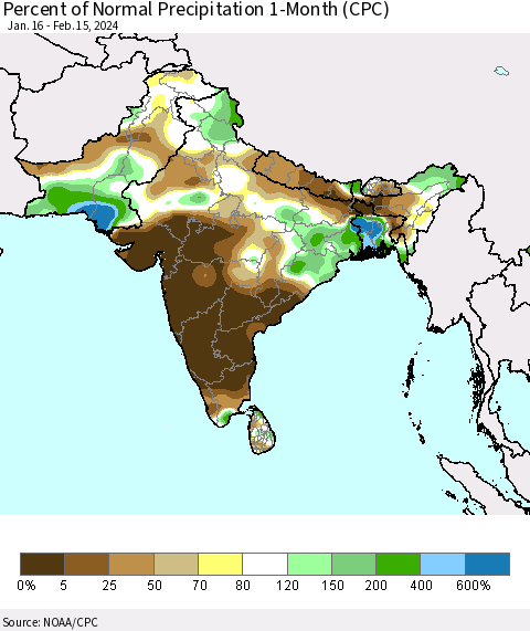 Southern Asia Percent of Normal Precipitation 1-Month (CPC) Thematic Map For 1/16/2024 - 2/15/2024