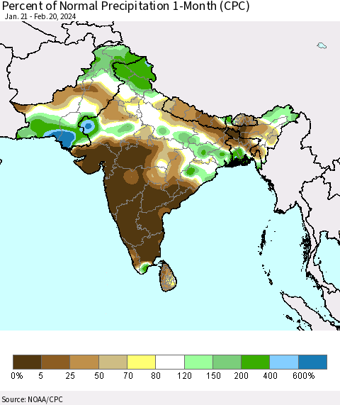 Southern Asia Percent of Normal Precipitation 1-Month (CPC) Thematic Map For 1/21/2024 - 2/20/2024