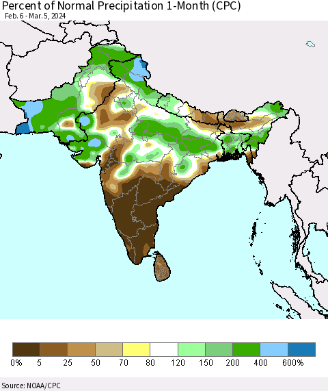 Southern Asia Percent of Normal Precipitation 1-Month (CPC) Thematic Map For 2/6/2024 - 3/5/2024