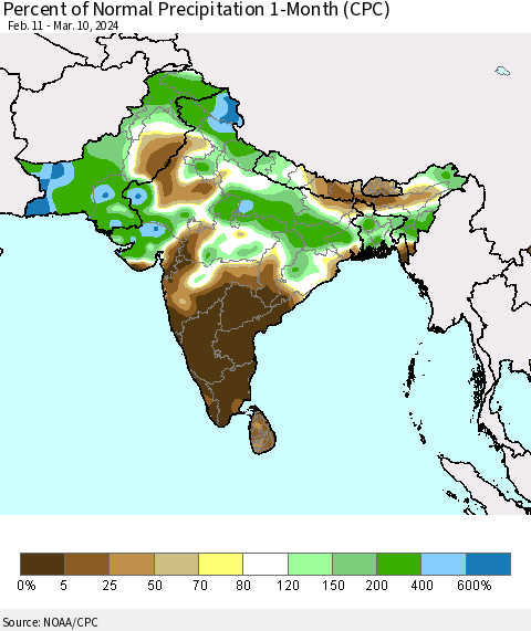 Southern Asia Percent of Normal Precipitation 1-Month (CPC) Thematic Map For 2/11/2024 - 3/10/2024