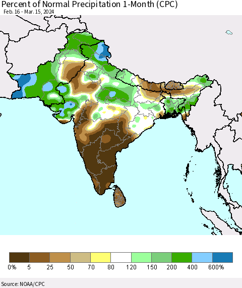 Southern Asia Percent of Normal Precipitation 1-Month (CPC) Thematic Map For 2/16/2024 - 3/15/2024