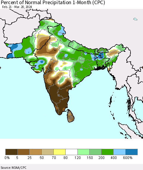 Southern Asia Percent of Normal Precipitation 1-Month (CPC) Thematic Map For 2/21/2024 - 3/20/2024