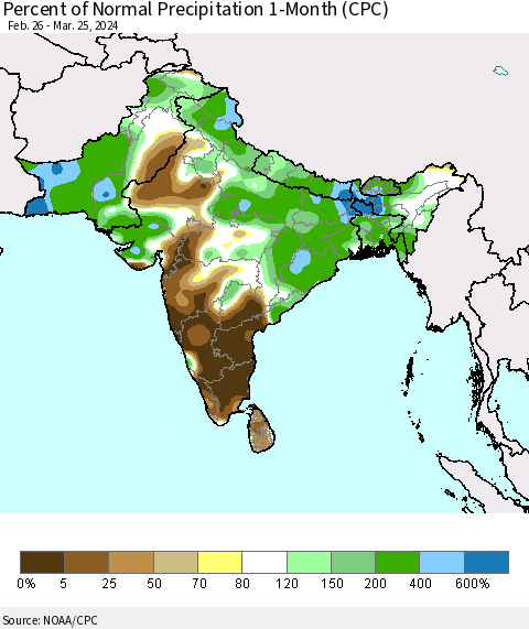 Southern Asia Percent of Normal Precipitation 1-Month (CPC) Thematic Map For 2/26/2024 - 3/25/2024
