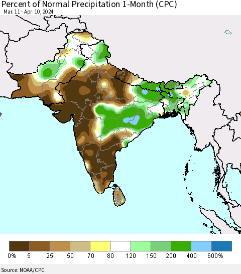 Southern Asia Percent of Normal Precipitation 1-Month (CPC) Thematic Map For 3/11/2024 - 4/10/2024