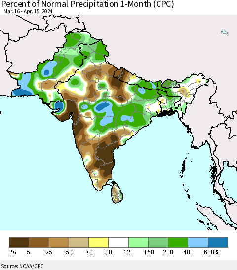 Southern Asia Percent of Normal Precipitation 1-Month (CPC) Thematic Map For 3/16/2024 - 4/15/2024
