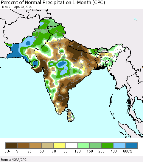 Southern Asia Percent of Normal Precipitation 1-Month (CPC) Thematic Map For 3/21/2024 - 4/20/2024