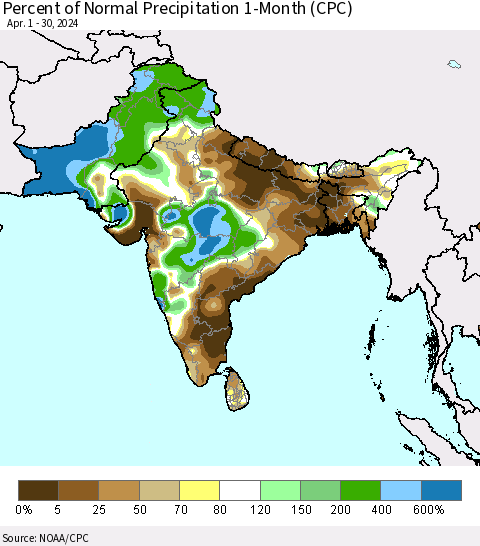 Southern Asia Percent of Normal Precipitation 1-Month (CPC) Thematic Map For 4/1/2024 - 4/30/2024