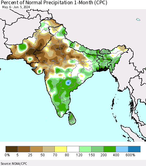 Southern Asia Percent of Normal Precipitation 1-Month (CPC) Thematic Map For 5/6/2024 - 6/5/2024