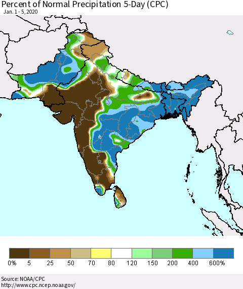 Southern Asia Percent of Normal Precipitation 5-Day (CPC) Thematic Map For 1/1/2020 - 1/5/2020