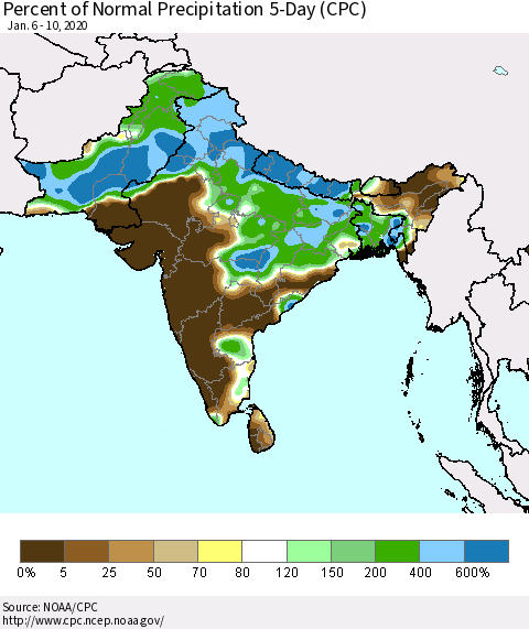 Southern Asia Percent of Normal Precipitation 5-Day (CPC) Thematic Map For 1/6/2020 - 1/10/2020