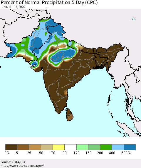 Southern Asia Percent of Normal Precipitation 5-Day (CPC) Thematic Map For 1/11/2020 - 1/15/2020