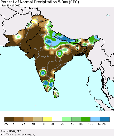 Southern Asia Percent of Normal Precipitation 5-Day (CPC) Thematic Map For 1/16/2020 - 1/20/2020