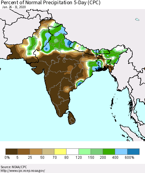 Southern Asia Percent of Normal Precipitation 5-Day (CPC) Thematic Map For 1/26/2020 - 1/31/2020