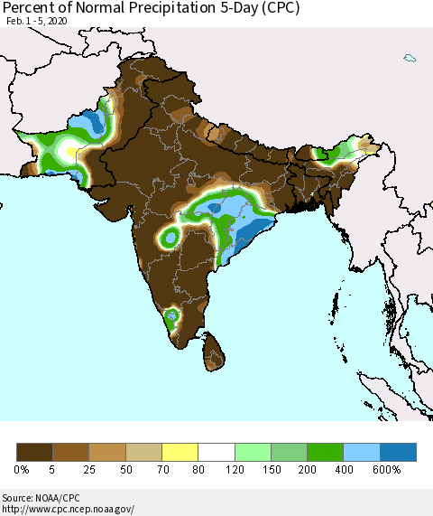 Southern Asia Percent of Normal Precipitation 5-Day (CPC) Thematic Map For 2/1/2020 - 2/5/2020