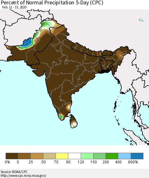 Southern Asia Percent of Normal Precipitation 5-Day (CPC) Thematic Map For 2/11/2020 - 2/15/2020