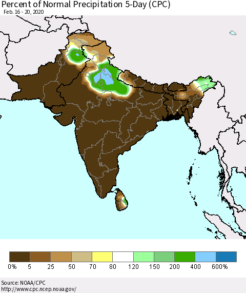 Southern Asia Percent of Normal Precipitation 5-Day (CPC) Thematic Map For 2/16/2020 - 2/20/2020