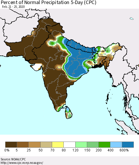 Southern Asia Percent of Normal Precipitation 5-Day (CPC) Thematic Map For 2/21/2020 - 2/25/2020
