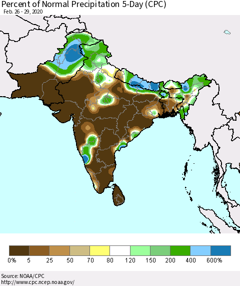 Southern Asia Percent of Normal Precipitation 5-Day (CPC) Thematic Map For 2/26/2020 - 2/29/2020