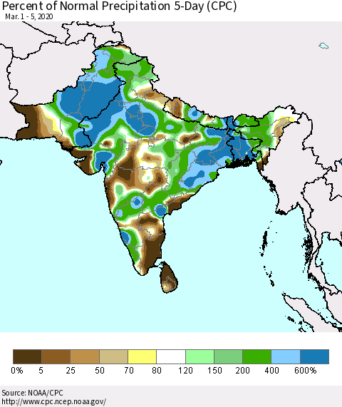 Southern Asia Percent of Normal Precipitation 5-Day (CPC) Thematic Map For 3/1/2020 - 3/5/2020