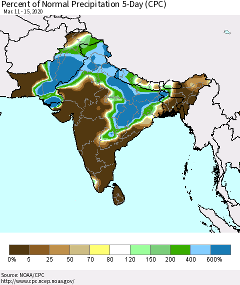 Southern Asia Percent of Normal Precipitation 5-Day (CPC) Thematic Map For 3/11/2020 - 3/15/2020