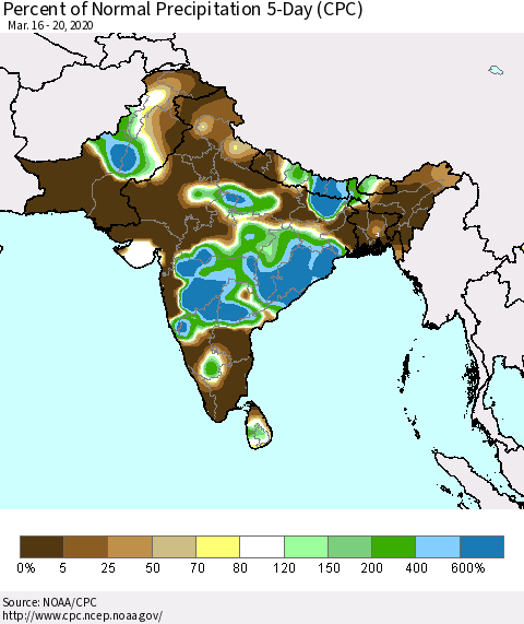 Southern Asia Percent of Normal Precipitation 5-Day (CPC) Thematic Map For 3/16/2020 - 3/20/2020