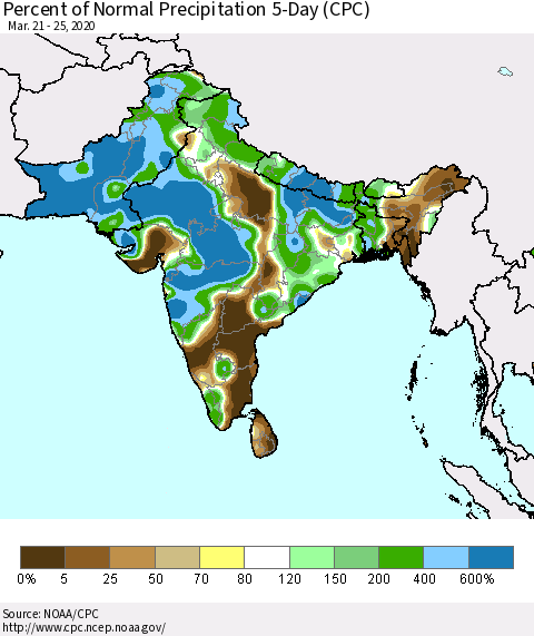 Southern Asia Percent of Normal Precipitation 5-Day (CPC) Thematic Map For 3/21/2020 - 3/25/2020