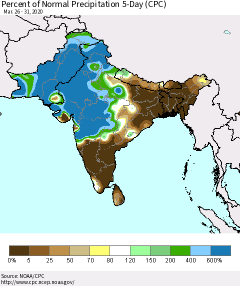 Southern Asia Percent of Normal Precipitation 5-Day (CPC) Thematic Map For 3/26/2020 - 3/31/2020