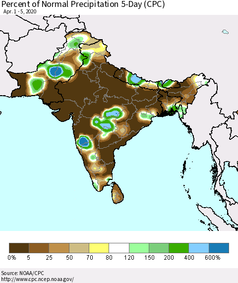 Southern Asia Percent of Normal Precipitation 5-Day (CPC) Thematic Map For 4/1/2020 - 4/5/2020