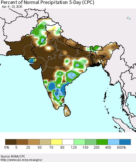 Southern Asia Percent of Normal Precipitation 5-Day (CPC) Thematic Map For 4/6/2020 - 4/10/2020