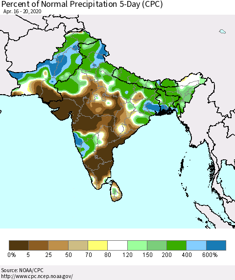 Southern Asia Percent of Normal Precipitation 5-Day (CPC) Thematic Map For 4/16/2020 - 4/20/2020