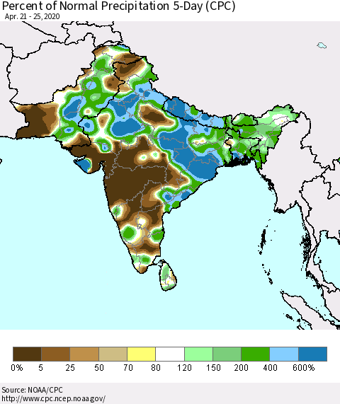 Southern Asia Percent of Normal Precipitation 5-Day (CPC) Thematic Map For 4/21/2020 - 4/25/2020