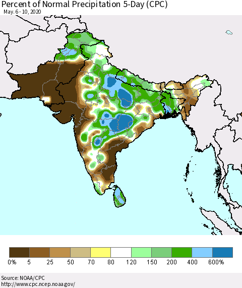 Southern Asia Percent of Normal Precipitation 5-Day (CPC) Thematic Map For 5/6/2020 - 5/10/2020