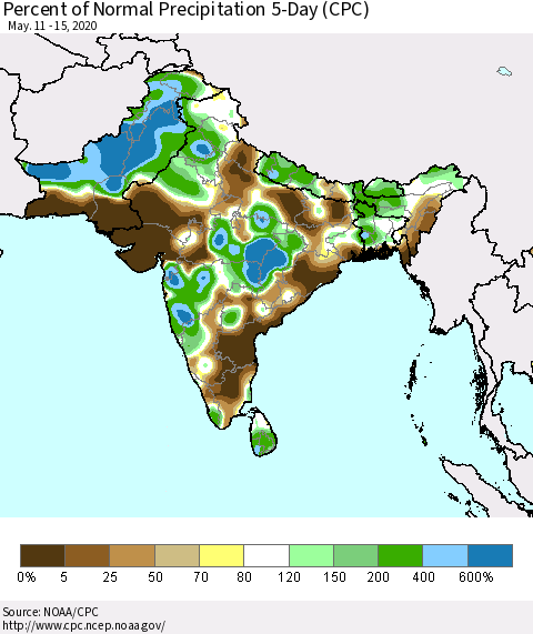 Southern Asia Percent of Normal Precipitation 5-Day (CPC) Thematic Map For 5/11/2020 - 5/15/2020