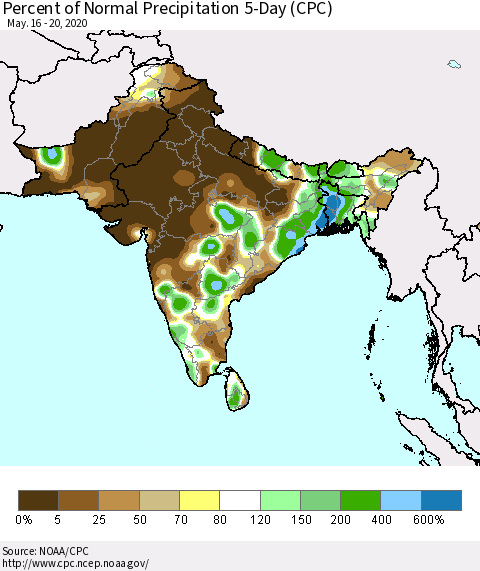 Southern Asia Percent of Normal Precipitation 5-Day (CPC) Thematic Map For 5/16/2020 - 5/20/2020