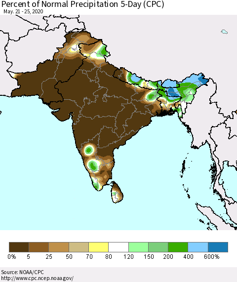 Southern Asia Percent of Normal Precipitation 5-Day (CPC) Thematic Map For 5/21/2020 - 5/25/2020
