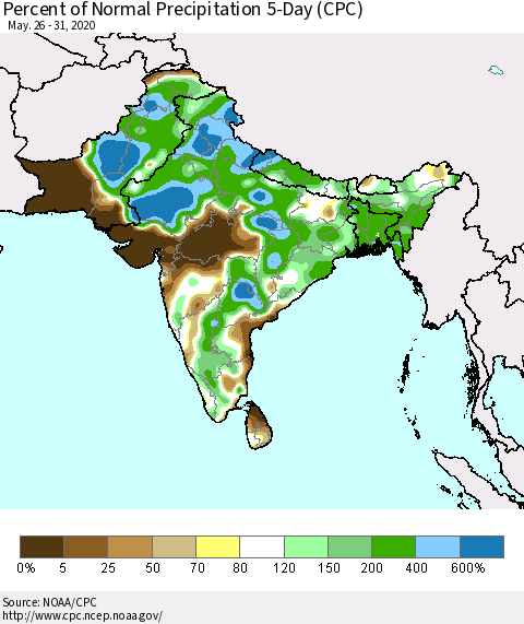 Southern Asia Percent of Normal Precipitation 5-Day (CPC) Thematic Map For 5/26/2020 - 5/31/2020