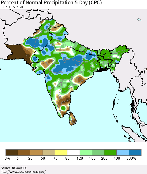 Southern Asia Percent of Normal Precipitation 5-Day (CPC) Thematic Map For 6/1/2020 - 6/5/2020