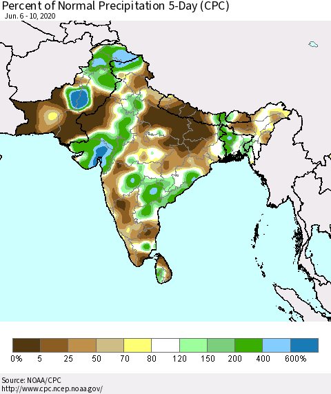 Southern Asia Percent of Normal Precipitation 5-Day (CPC) Thematic Map For 6/6/2020 - 6/10/2020