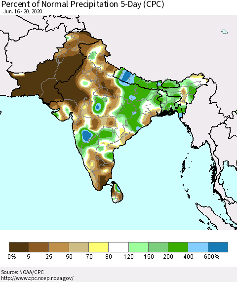 Southern Asia Percent of Normal Precipitation 5-Day (CPC) Thematic Map For 6/16/2020 - 6/20/2020