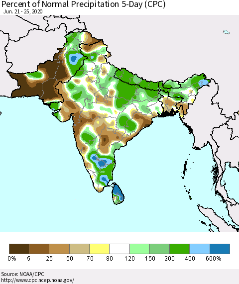 Southern Asia Percent of Normal Precipitation 5-Day (CPC) Thematic Map For 6/21/2020 - 6/25/2020